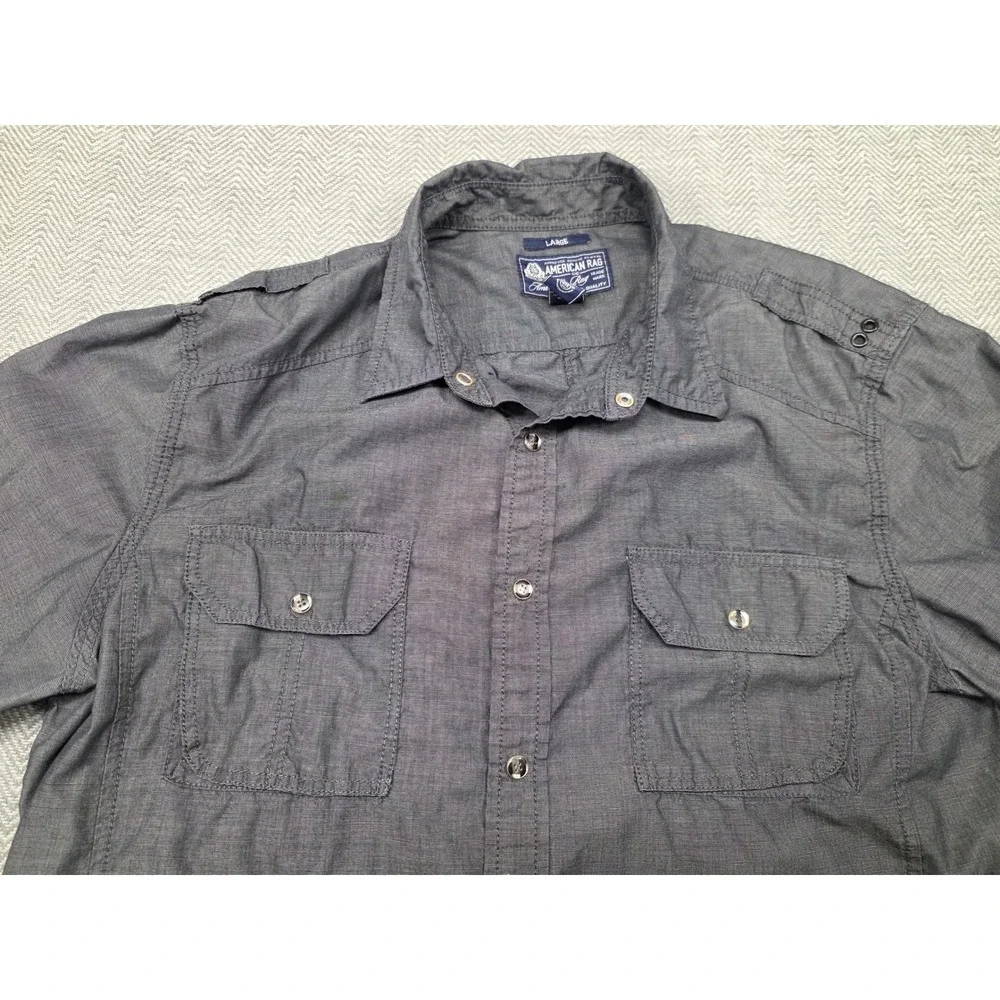 American Rag Mens Large Charcoal Grey Utility Button Down‎ Shirt Epaulettes L